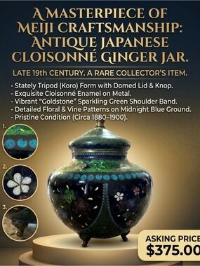 Antique Cloisonné Ginger Jar in Midnight Blue and Green - Meiji Style